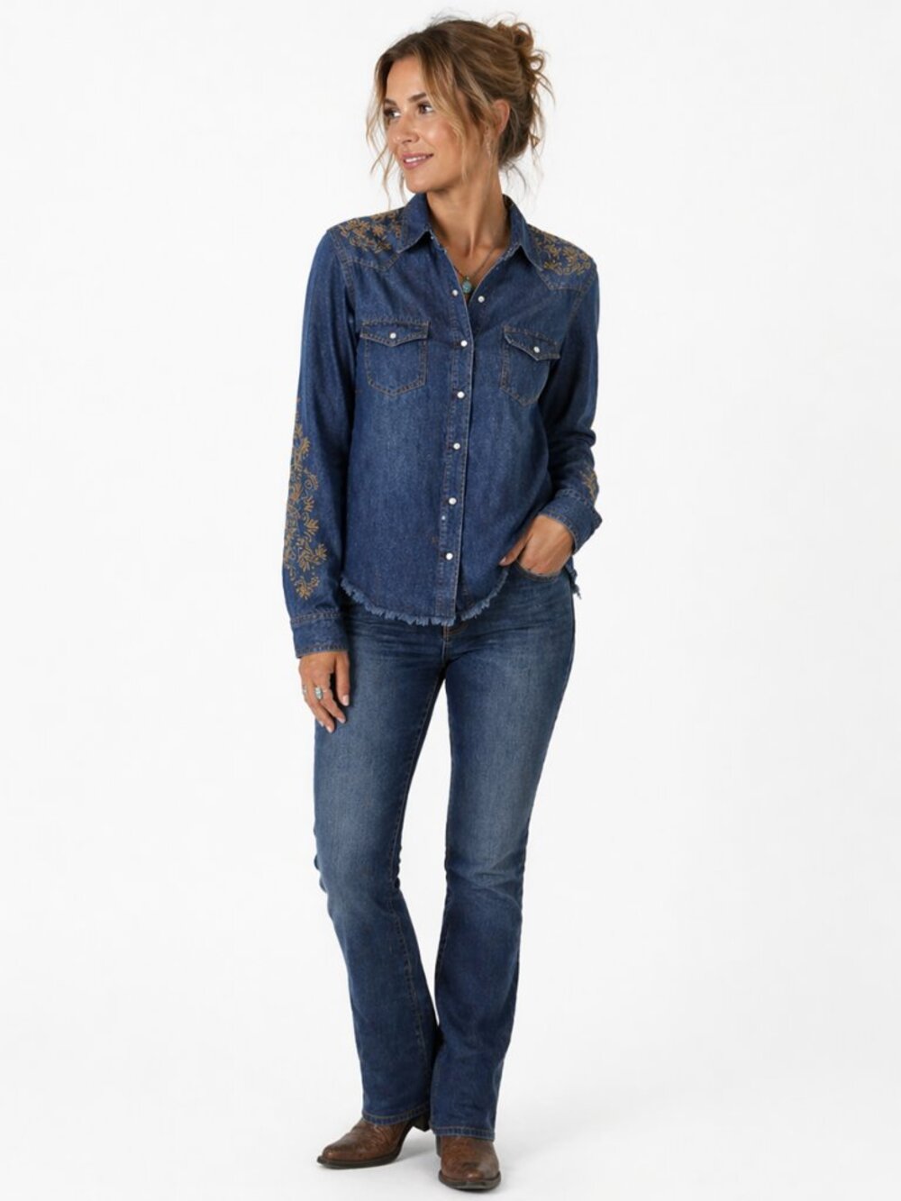 Noble Outfitters Snap Shirt Denim‎ Frayed Hem Western Boho Cowgirl Womens M
